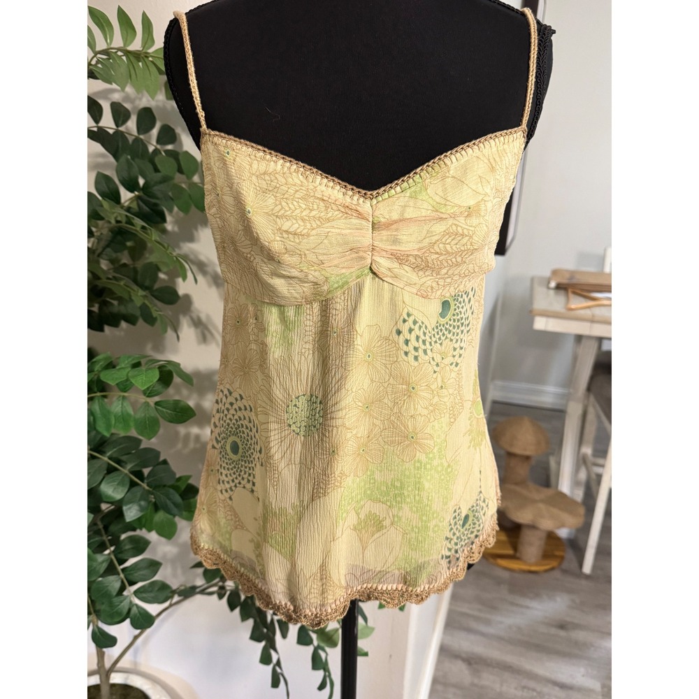 Y2K  Elie Tahari Floral Silk Camisole Top Green Yellow Crochet Lace Trim Size 4